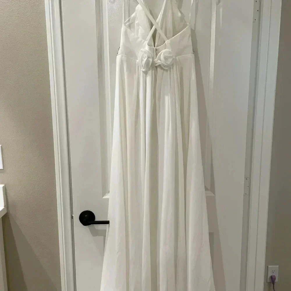 White Empire-Waist Wedding Dress with Gold Embellished Waistband - Picture 3 of 8